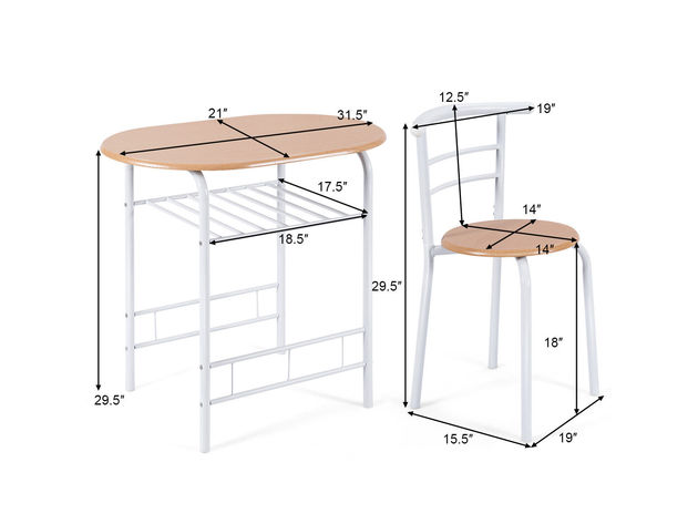 Costway 3 Piece Dining Set Table 2 Chairs Home Kitchen Breakfast Furniture - White + brown