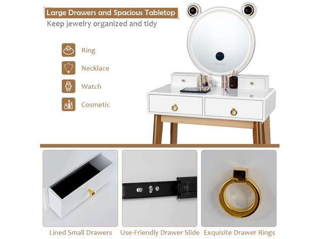 Costway Vanity Dressing Table Set Touch Screen Dimming Mirror - White & Gold