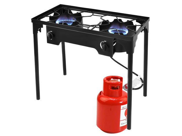 Costway Double Burner Gas Propane Cooker Outdoor Camping Picnic Stove Stand BBQ Grill - Black