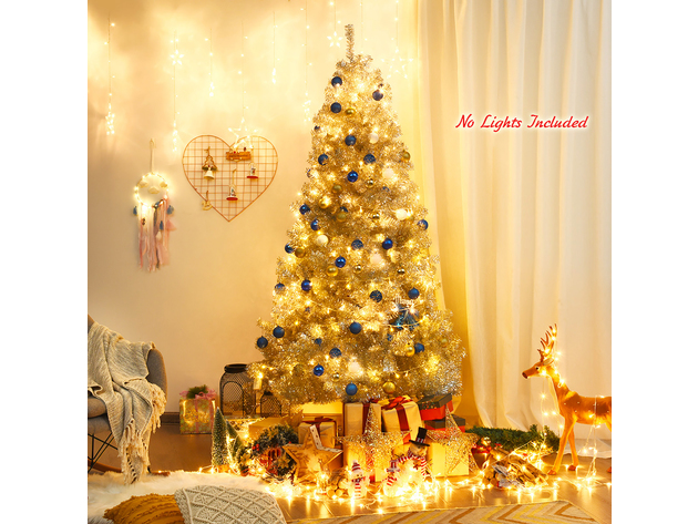 Costway 7.5Ft Hinged Unlit Artificial Silver Tinsel Christmas Tree Holiday w/Metal Stand - Silver