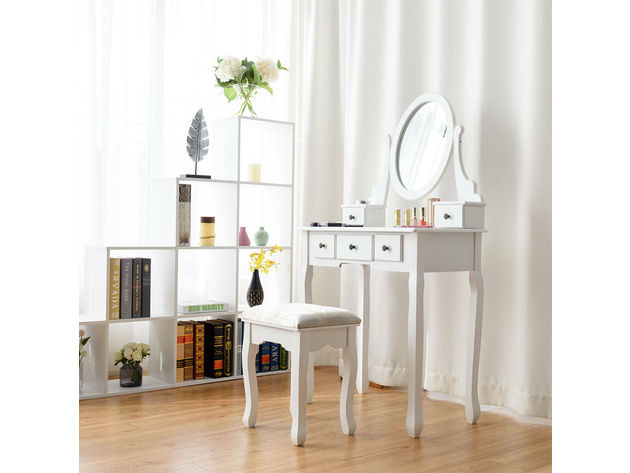 Costway Makeup Desk Vanity Dressing Table Oval Stool 5 Storage Drawers - White