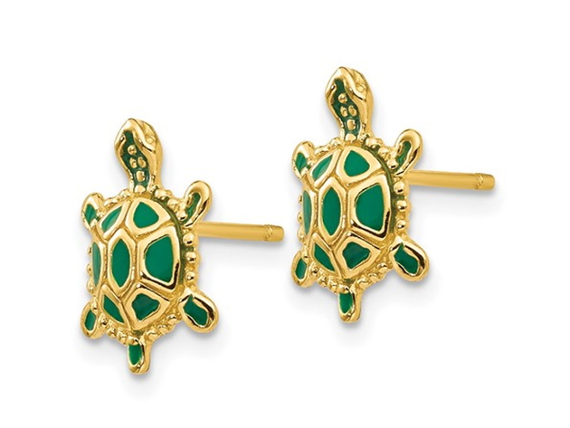 Green Enameled Turtle Charm Earrings in 14K Yellow Gold | StackSocial