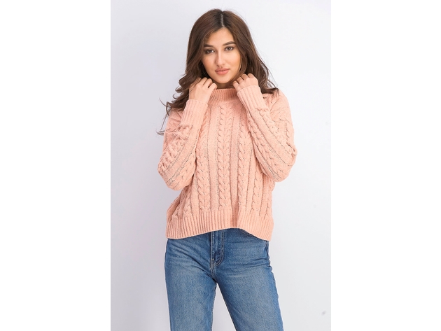 Hippie Rose Juniors' Women's Cable-Knit Drop-Shoulder Sweater Orange Size Small