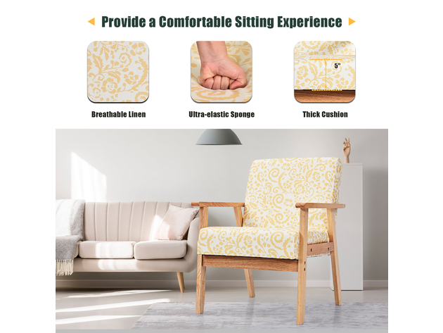 Costway Modern Accent Armchair Upholstered Lounge Chair w/Rubber Wood Leg - Yellow Floral