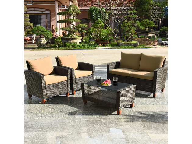 Costway 4 Piece Patio Rattan Furniture Set Solid Wood Leg Cushioned Sofa Garden Lawn