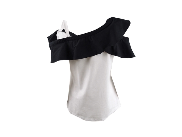 INC International Concepts Colorblocked-Ruffle Women's Cold-Shoulder Top  White Size Large