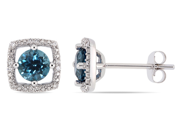 1.10 Carat (ctw) London-Blue Topaz Halo Earrings in 10K White Gold with Diamonds