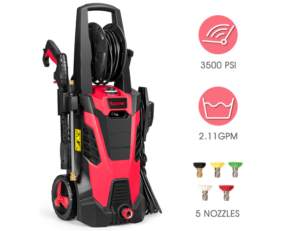 Costway 3500 PSI 2.1GPM Electric Pressure Washer High Power Water Cleaner W/ 5 Nozzles - Black + Red