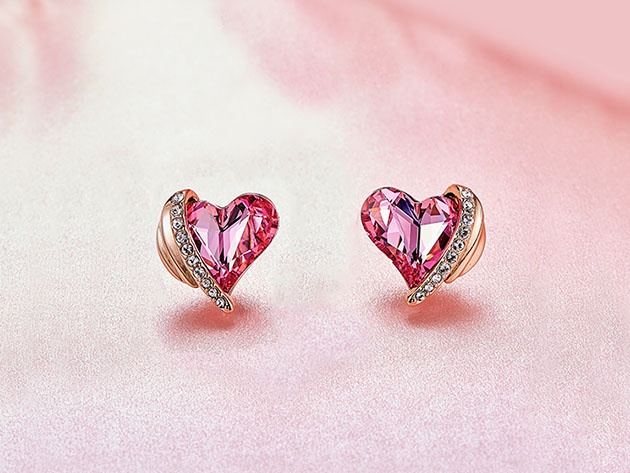 Pink Topaz Heart Stud Earrings in 18K White Gold Plating