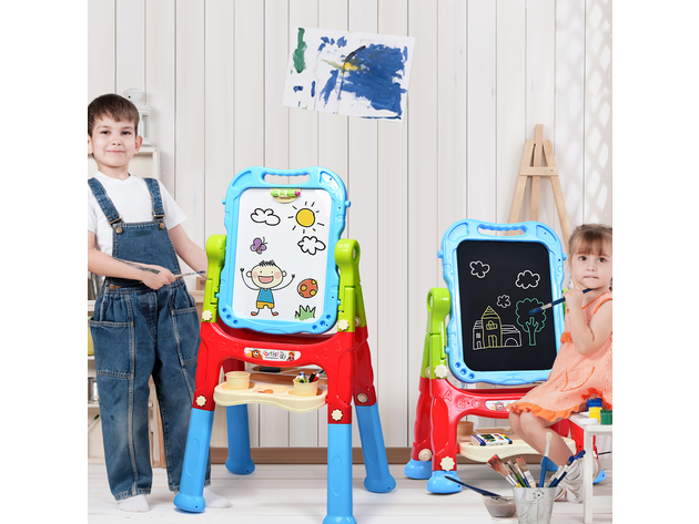 Costway Height Adjustable Kids Art Easel Magnetic Double Sided Board w/ Accessories Pink\Blue - Blue