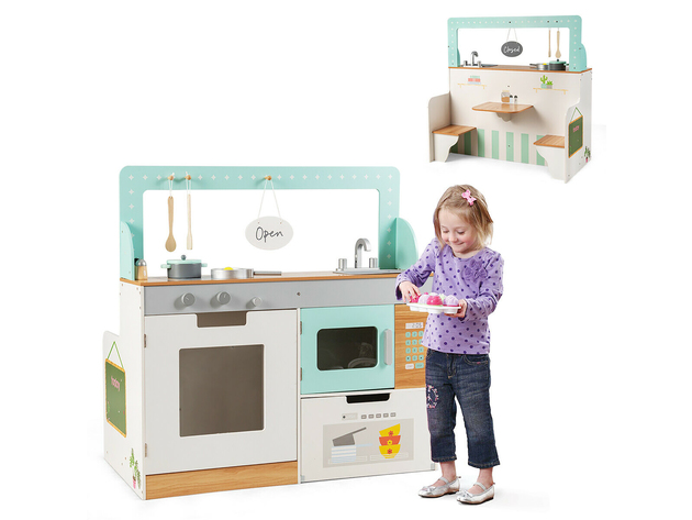 Costway 2 in 1 Kids Play Kitchen & Diner Restaurant Wooden Pretend Cooking Playset Toy