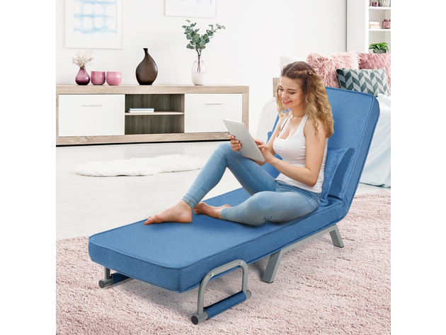 Costway Folding 5 Position Convertible Sleeper Bed Armchair Lounge Couch w/ Pillow - Blue