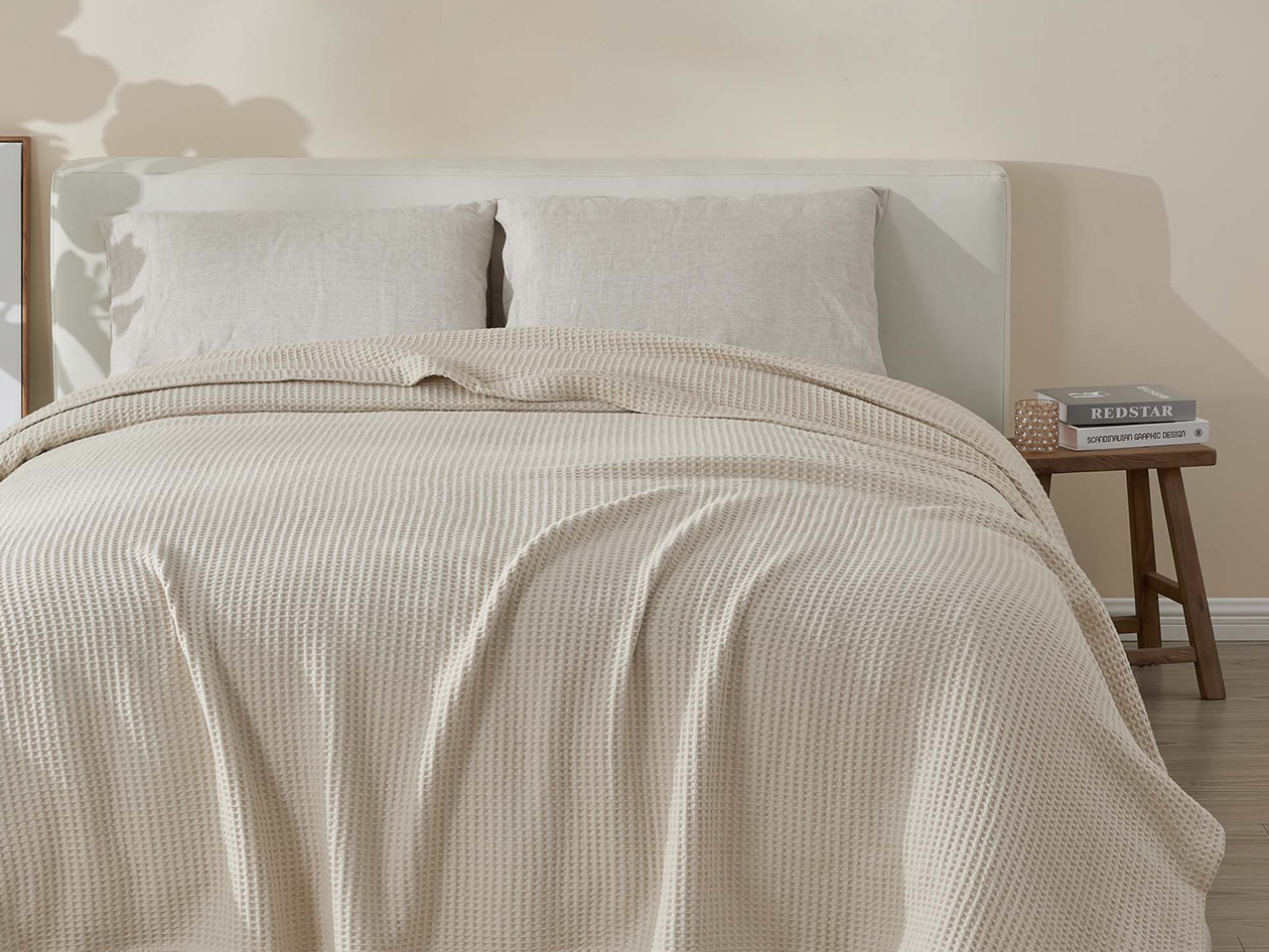Vintage Cotton Waffle Blanket (Queen/Stone)