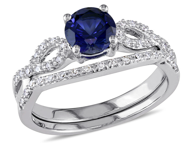 Created Blue Sapphire 1.0 Carat (ctw) Engagement Ring and Bridal Wedding Set with Diamond, 10K White Gold - 10