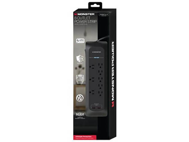 Monster MWS11006US Essentials 8 Outlet Power Strip Surge Protector with 2 USB Ports