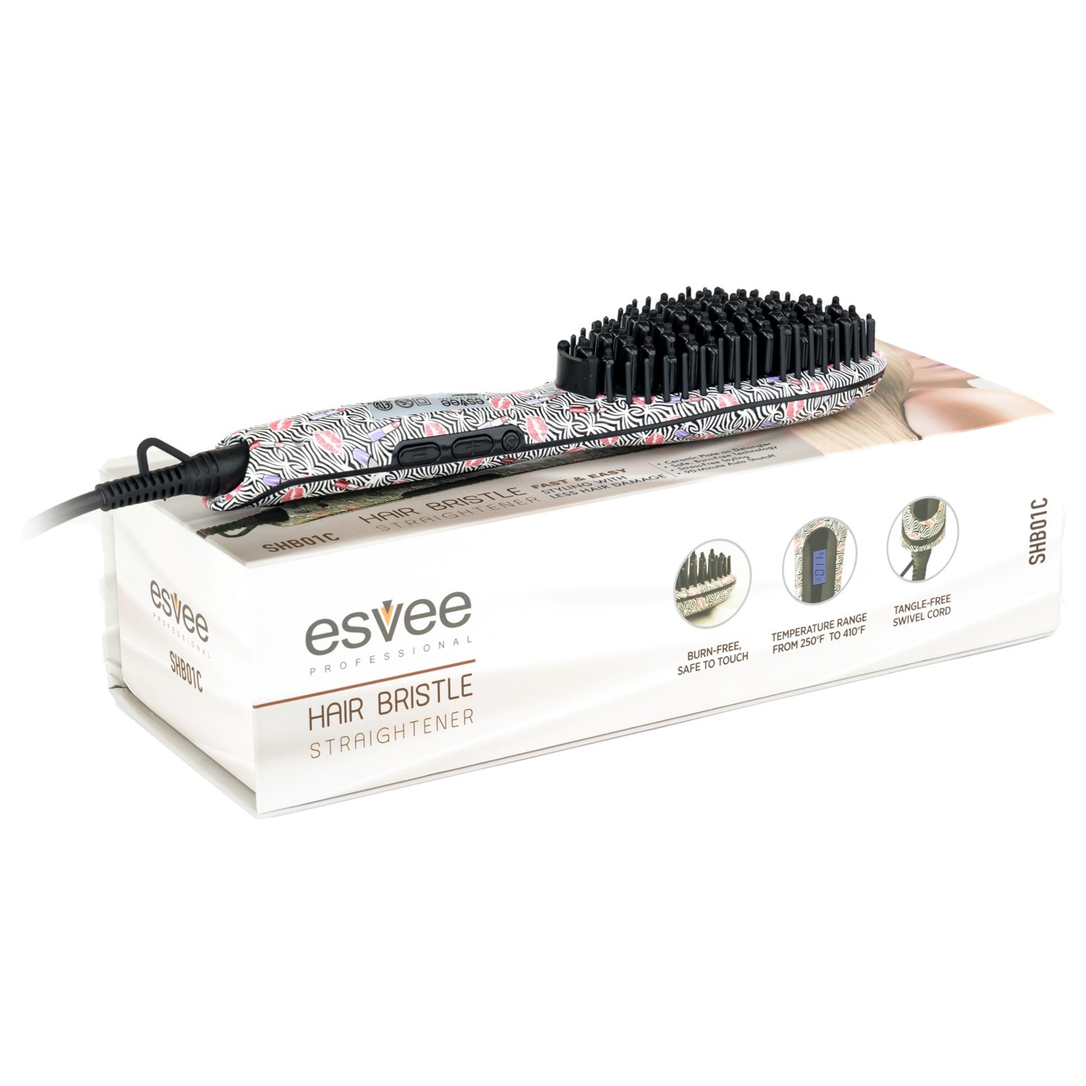 Esvee Professional Hair Bristle Straightener - Ceramic Heating Hair Straightener Brush with Anti-Frizz Technology, Auto-Off and 30s Heat-Up - Red