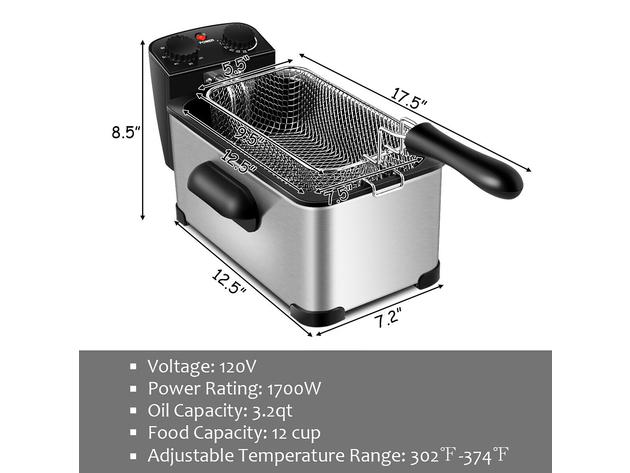 3.2 Quart Electric Deep Fryer 1700W Stainless Steel Timer Frying Basket - Black + Silver