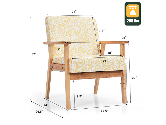 Costway Modern Accent Armchair Upholstered Lounge Chair w/Rubber Wood Leg - Yellow Floral