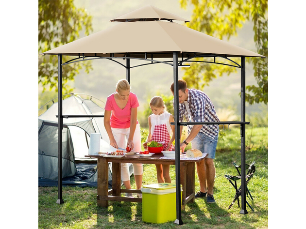 Costway 8' x 5' Outdoor Patio Barbecue Grill Gazebo w/ LED Lights 2-Tier Canopy Top Tan - Khaki