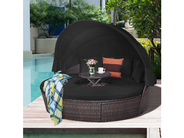 Costway Patio Rattan Daybed Cushioned Sofa Adjustable Table Top Canopy Black 