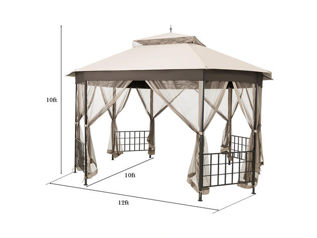 Costway 10'x12' Patio Gazebo Canopy Shelter Double Top Netting Sidewalls Beige