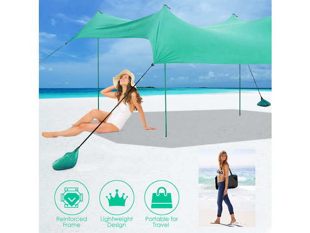 Costway Family Beach Tent Canopy w/ 4 Poles Sandbag Anchors 10'x9' UPF50+ - Green