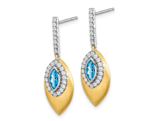 7/10 Carat (ctw) Swiss Blue Topaz and Diamond Drop Dangle Earrings in 14K Yellow Gold