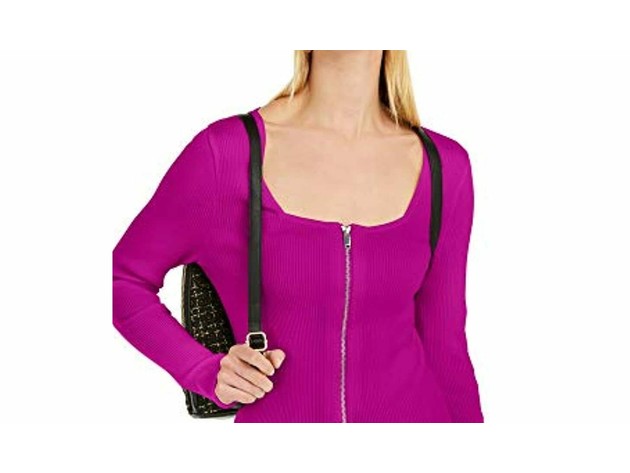 INC International Concepts Women's Square Neck Zip-Front Sweater Pink Size Extra Small