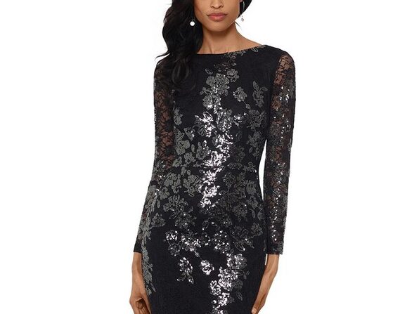 Women's Xscape Sequin Lace Long Sleeve Cocktail Dress Black Size 14