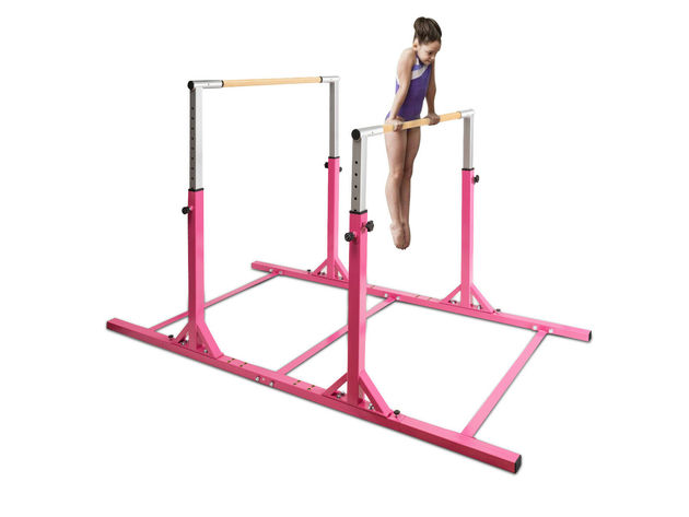 Costway Kids Gymnastics Parallel Bars Double Horizontal Bars Adjustable Width Height - Pink