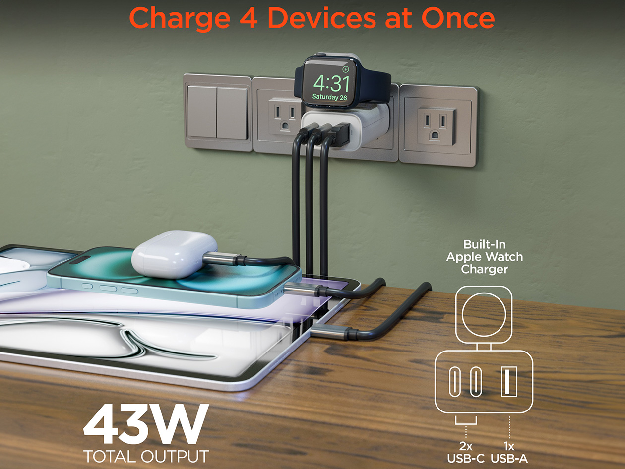 HyperGear SpeedBoost 43W 3-Port USB-C Wall Charger with Built-In Apple Watch Charger
