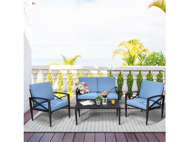 Costway 8 Piece Patio Furniture Set Aluminum Frame Cushioned Sofa Chair Coffee Table Blue