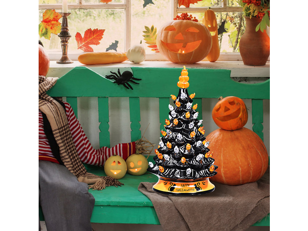 Costway 15'' Pre-Lit Ceramic Hand-Painted Tabletop Halloween Tree Battery Powered Black - Black