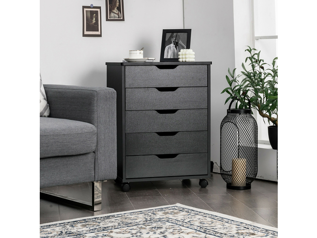 Costway 5 Drawer Chest Storage Dresser Floor Cabinet Organizer with Wheels Black - Black