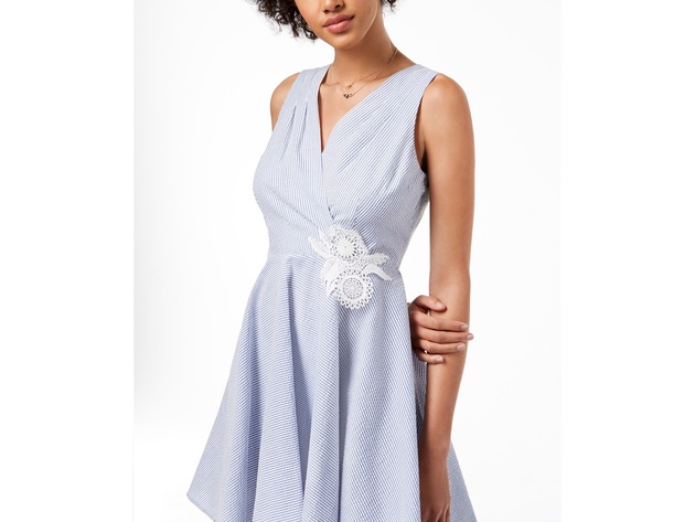 Maison Jules Women's Seersucker Fit and Flare Dress Blue Notte Combo Size 12