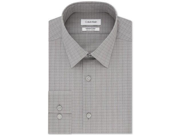 Calvin Klein Men's Infinite Color Slim-Fit Non-Iron Stretch Gray Check Dress Shirt Gray Size 34-35