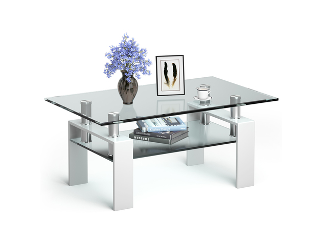 Costway Rectangle Glass Coffee Table Metal Legs End Table Livingroom - White