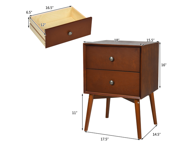 Costway Nightstand Mid-Century End Side Table 2 Drawers Rubber Wood Legs Living Room - Brown