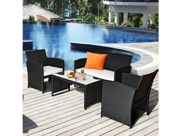 Costway 8 Piece Patio Rattan Furniture Conversation Set Cushioned Sofa Table Garden Black