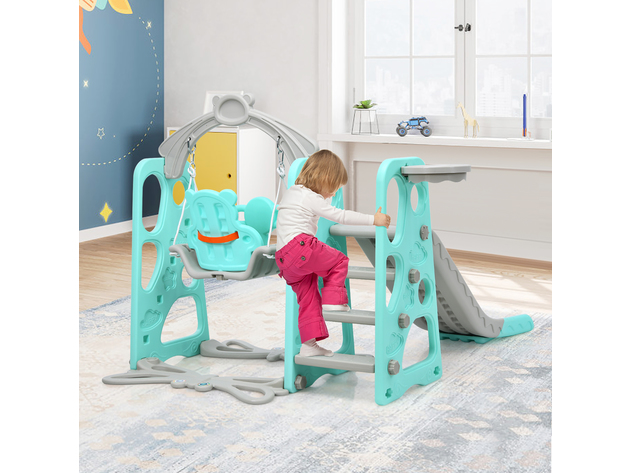 Costway 4-in-1 Toddler Climber and Swing Set w/ Basketball Hoop & Ball Pink\Green - Green