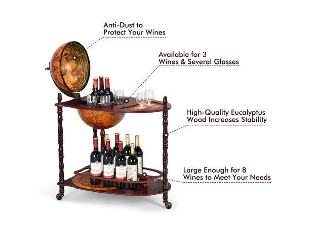 Costway Wood Globe Wine Bar Stand 34'' H 16th Century Italian Rack Liquor Bottle Shelf