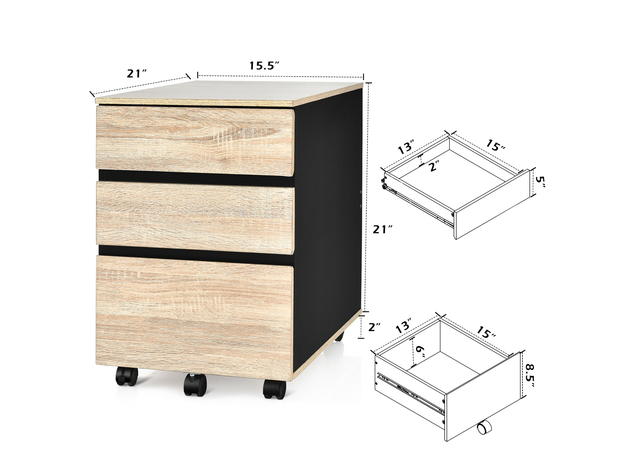 Costway 3-Drawer Mobile File Cabinet Vertical Filling Cabinet for Home Office - Natural + Black