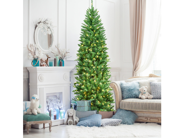 Costway 7Ft Pre-lit Artificial Pencil Christmas Tree Hinged Fir PVC ...