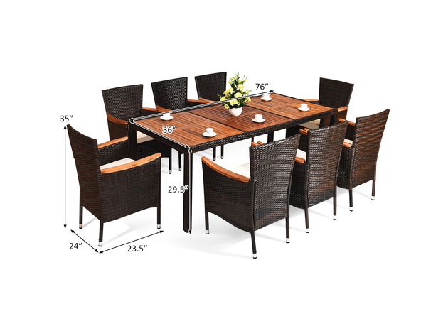 9 Piece Patio Rattan Dining Set  8 Chairs Cushioned Acacia Table Top Brown