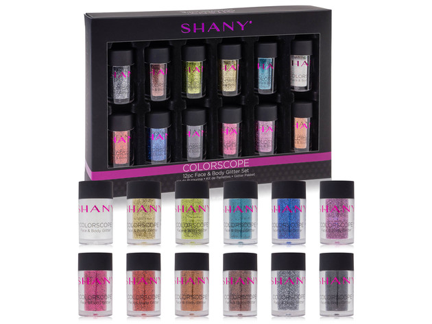 SHANY Colorscope 12-Color Face & Body Premium Cosmetics Grade Glitter Powder - Sparkling Loose Glitter Pigments for Festival, Holiday, Hair and Nail Art.