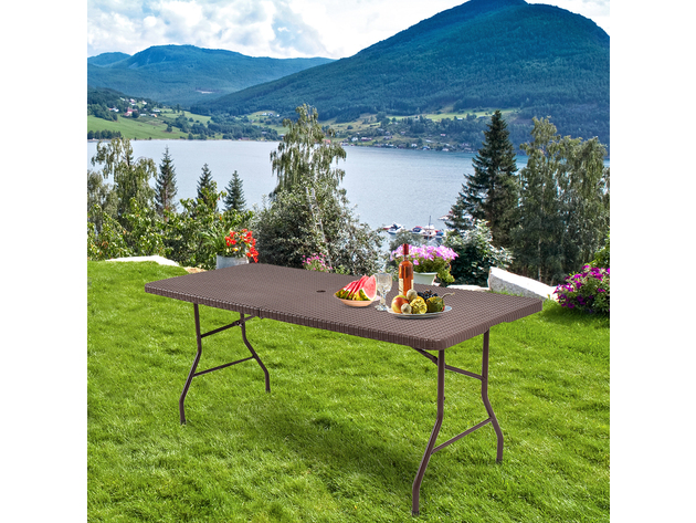 6' Folding Table Rattan Portable for Indoor Outdoor Picnic Party Camping Brown 