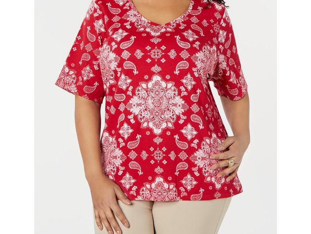 Karen Scott Women's Plus Size Bandana Lace Printed Top Bright Red Size XX Large