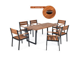 Costway 7 Piece Patio Dining Chair Table Set Acacia Wood Backyard W/Umbrella Hole