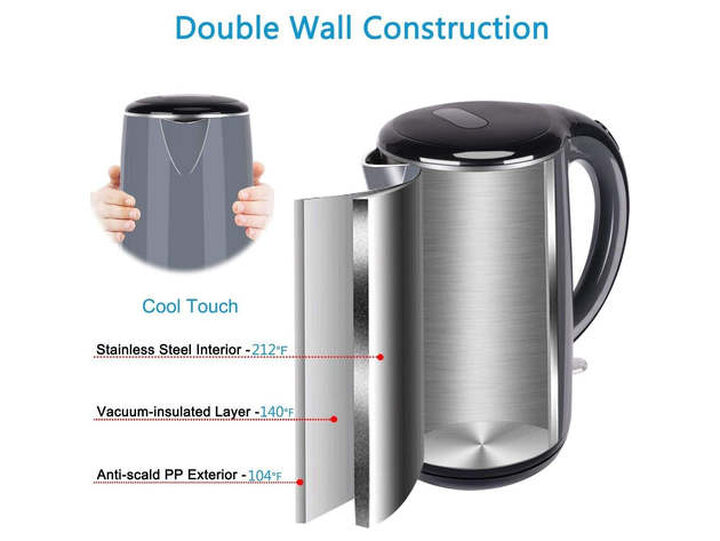 Electric Kettle, 1.7L Double Wall 100% Stainless Steel BPA-Free Tea Coffee  Soup