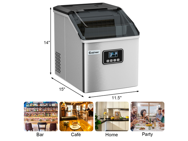 Stainless Steel Ice Maker Machine Countertop 48Lbs/24H Self-Clean w/ LCD Display Silver